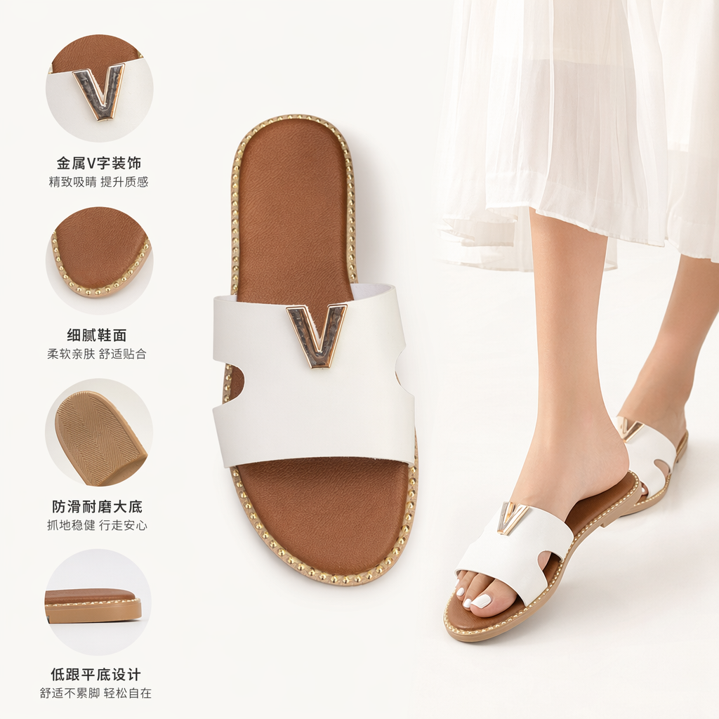 White flip-flops for women, summer breathable and anti-slip soft-soled casual beach shoes