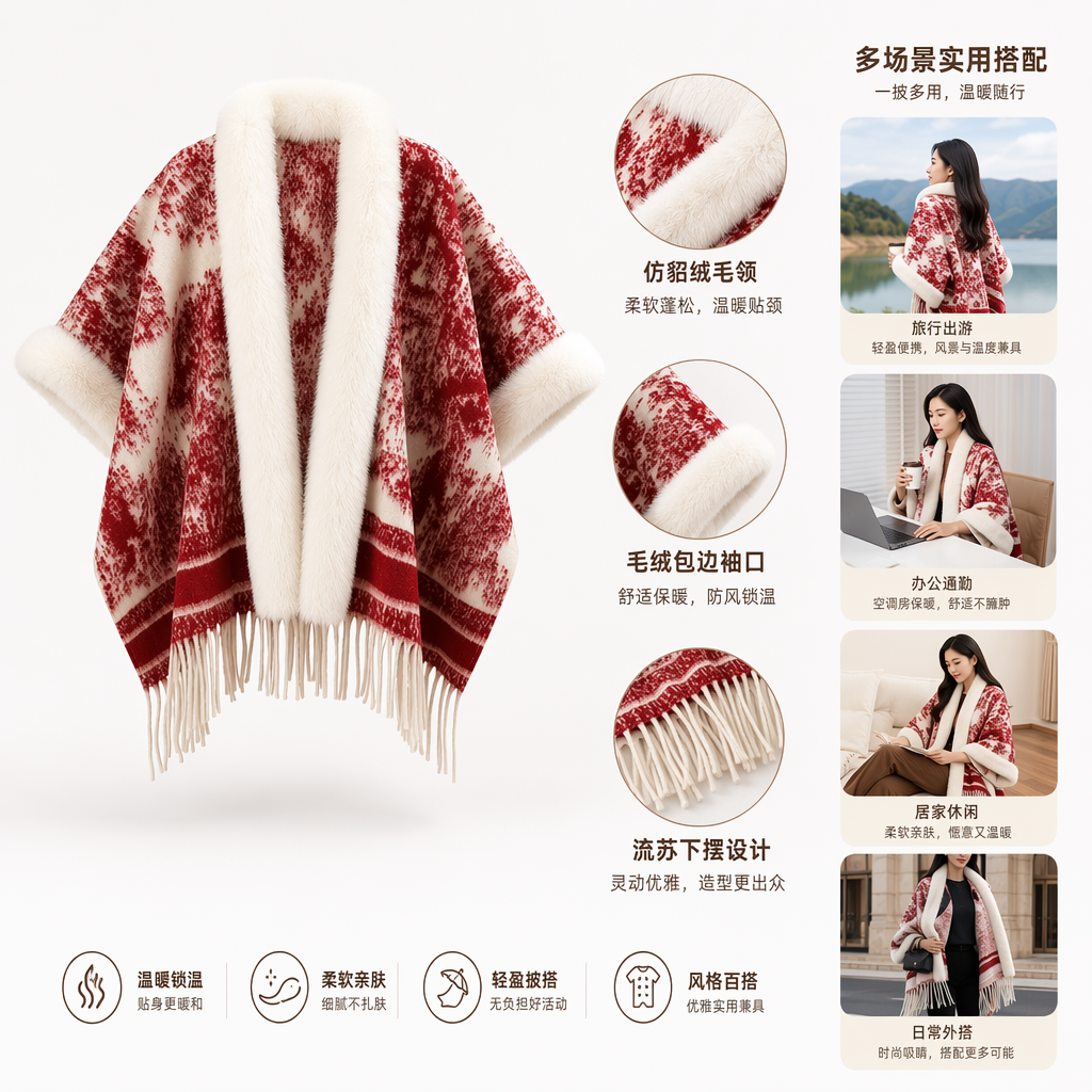 A red woolen shawl with a white plush collar and cuffs is fashionable and warm for women to wear in autumn and winter A red woolen shawl with a white plush collar and cuffs is fashionable and warm for women to wear in autumn and winter