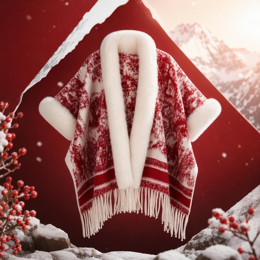 A red woolen shawl with a white plush collar and cuffs is fashionable and warm for women to wear in autumn and winter Specification image