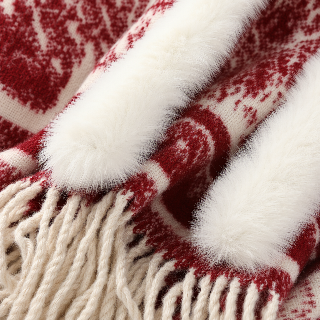 A red woolen shawl with a white plush collar and cuffs is fashionable and warm for women to wear in autumn and winter Application Scenario
