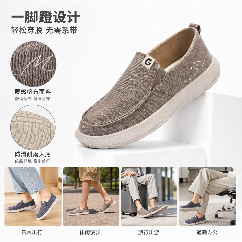 灰色帆布男士一脚蹬 轻量 防滑运动鞋 pu鞋底