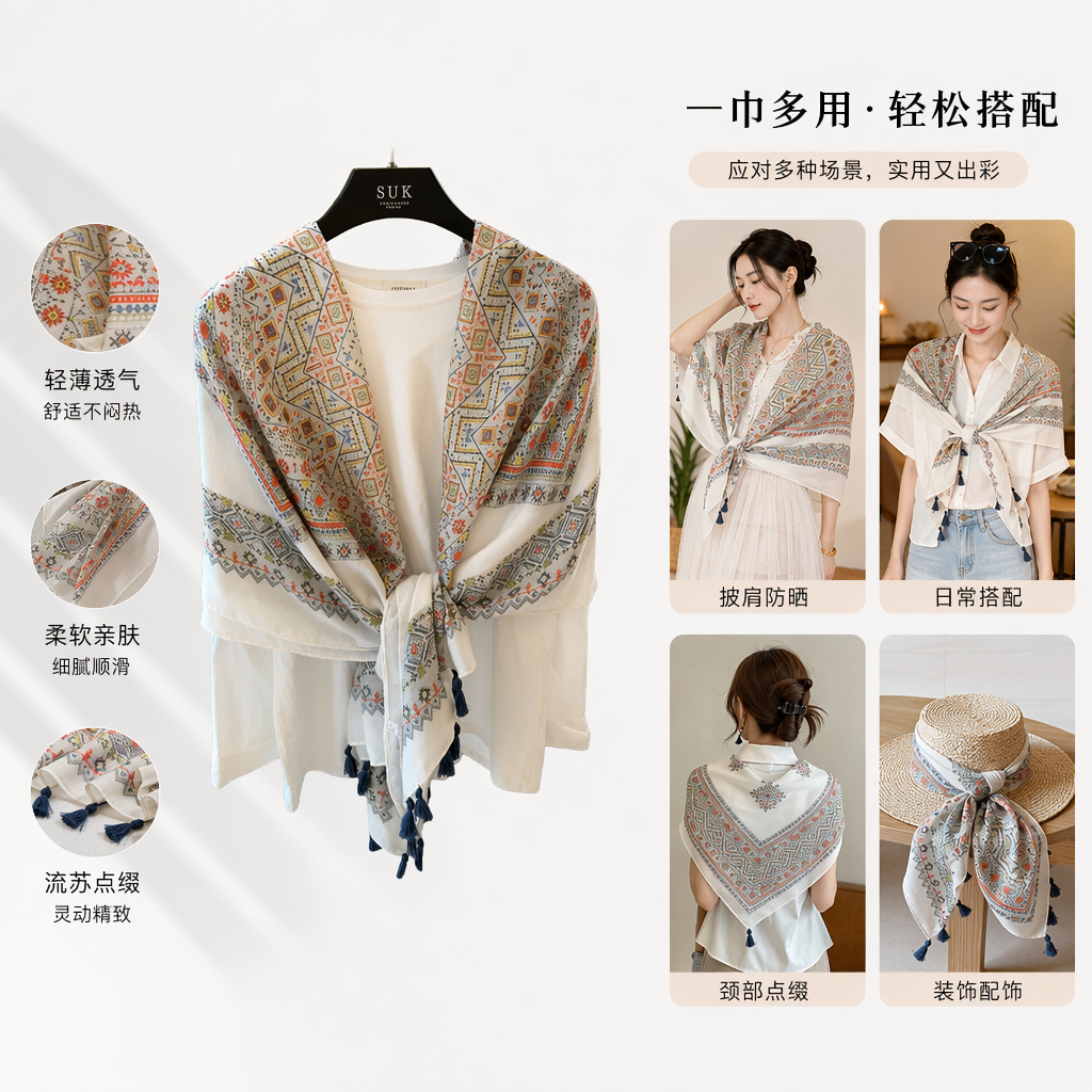 A colorful ethnic-style scarf paired with a white top for warm autumn and winter pure cotton long style