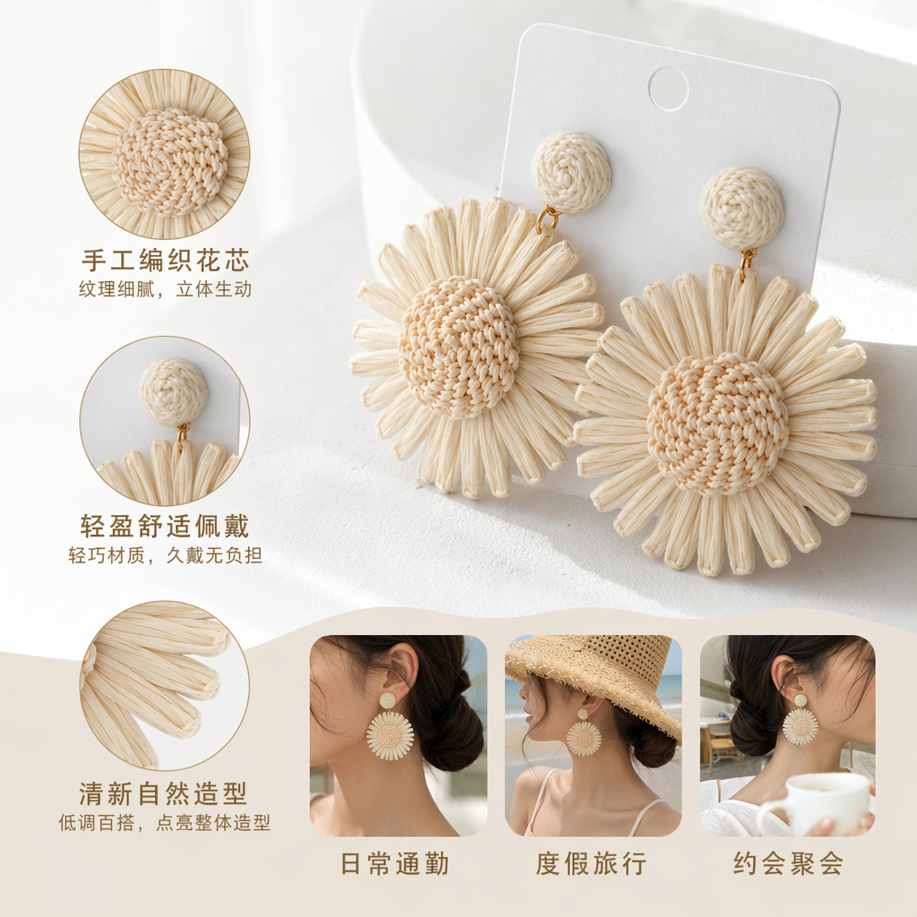 米色编织花朵耳环 时尚简约女士耳饰