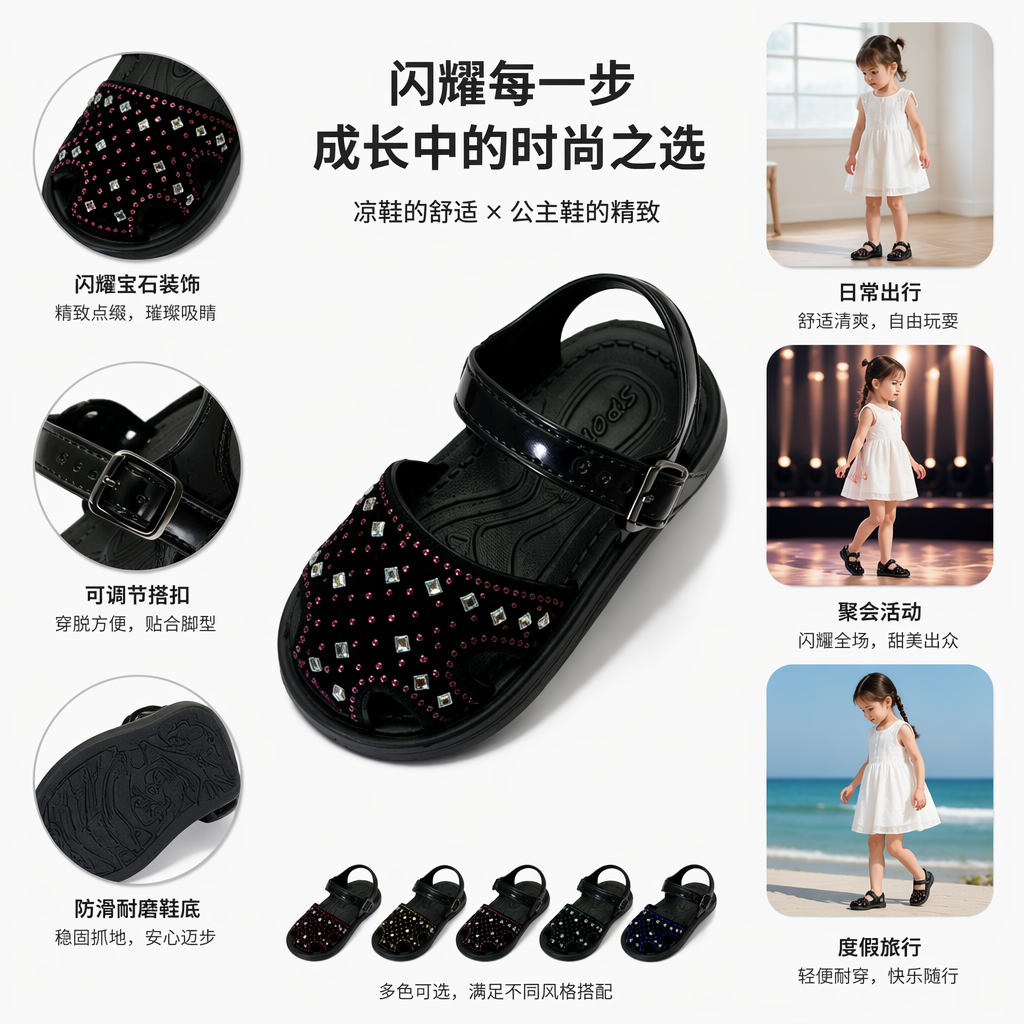 黑色镶钻儿童凉鞋女童夏款透气防滑软底