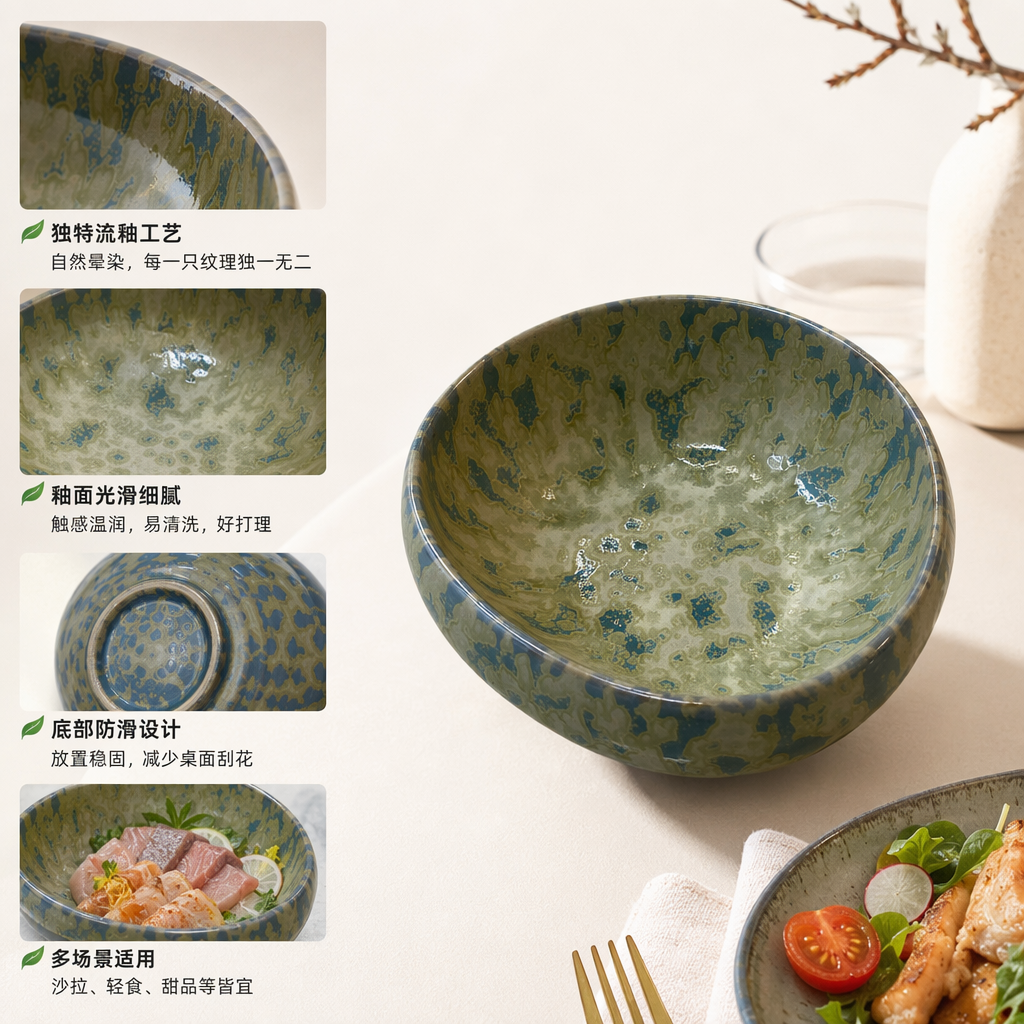 绿蓝斑纹陶瓷碗家用盛饭汤碗简约北欧风餐具