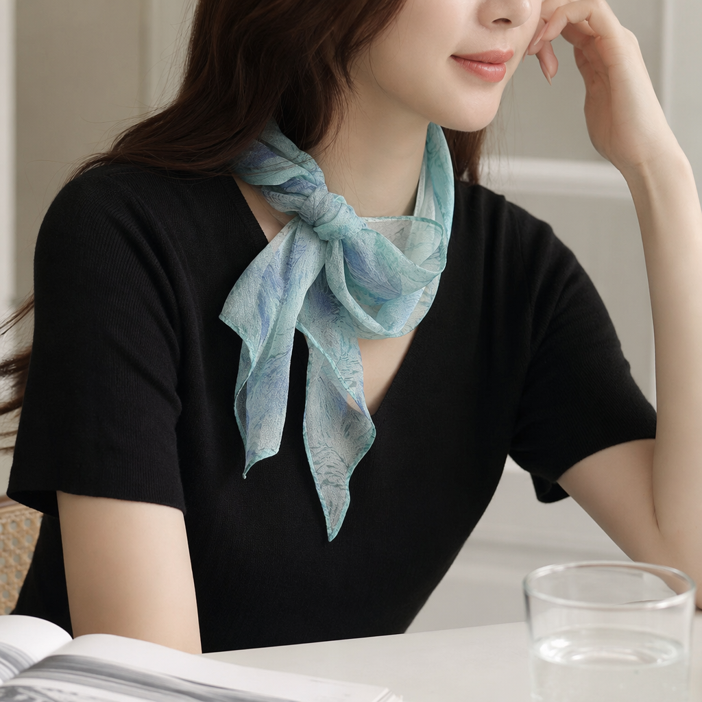 The blue-green printed silk scarf is a fashionable and versatile thin design for women in spring and summer details Picture