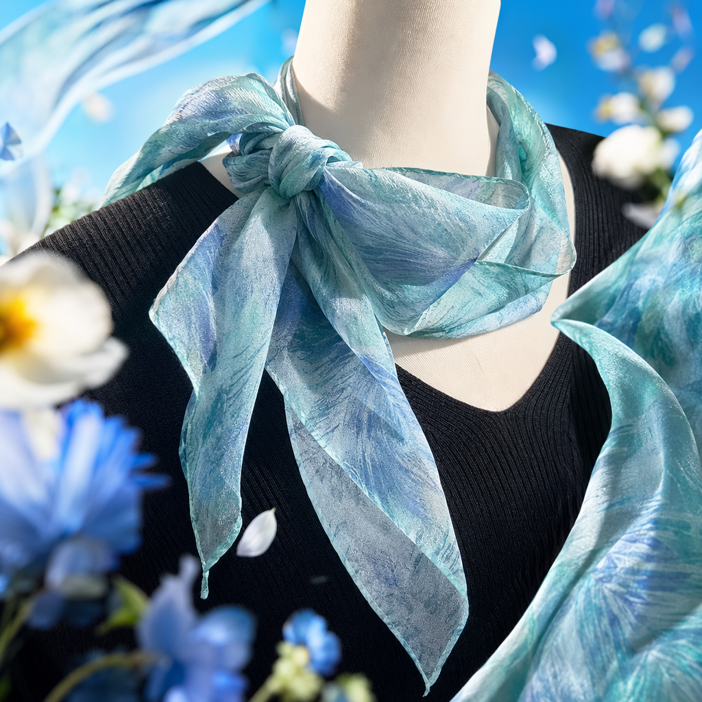The blue-green printed silk scarf is a fashionable and versatile thin design for women in spring and summer Specification image