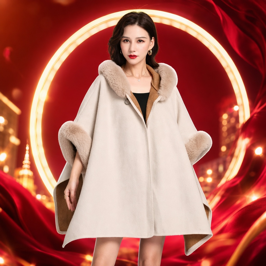 A beige wool-collared cape coat for women's autumn and winter warmth Specification image
