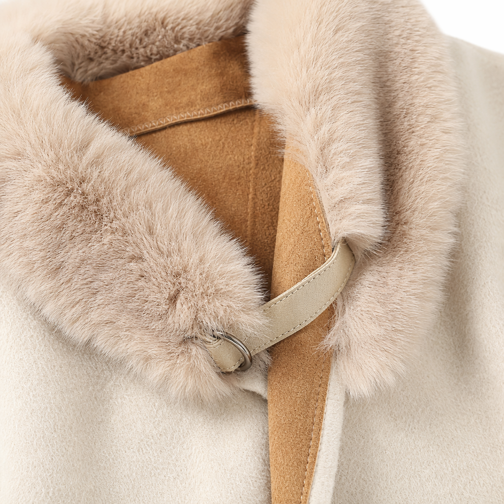 A beige wool-collared cape coat for women's autumn and winter warmth Application Scenario