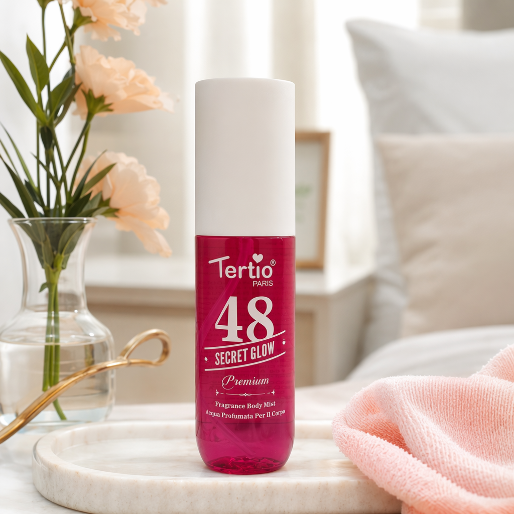 Tertio PARIS 48 SECRET GLOW Premium Perfume Spray rose red bottle with white cap details Picture