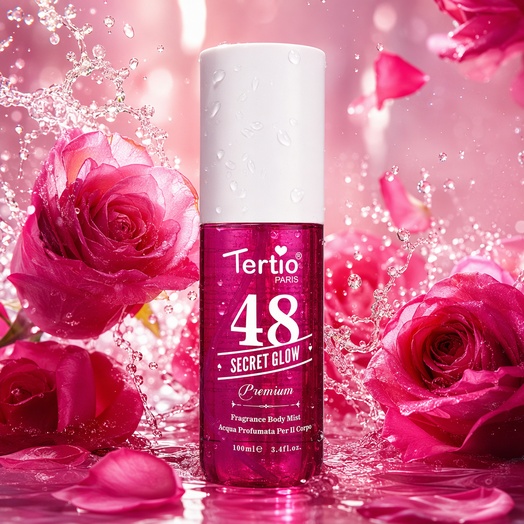 Tertio PARIS 48 SECRET GLOW Premium Perfume Spray rose red bottle with white cap Specification image