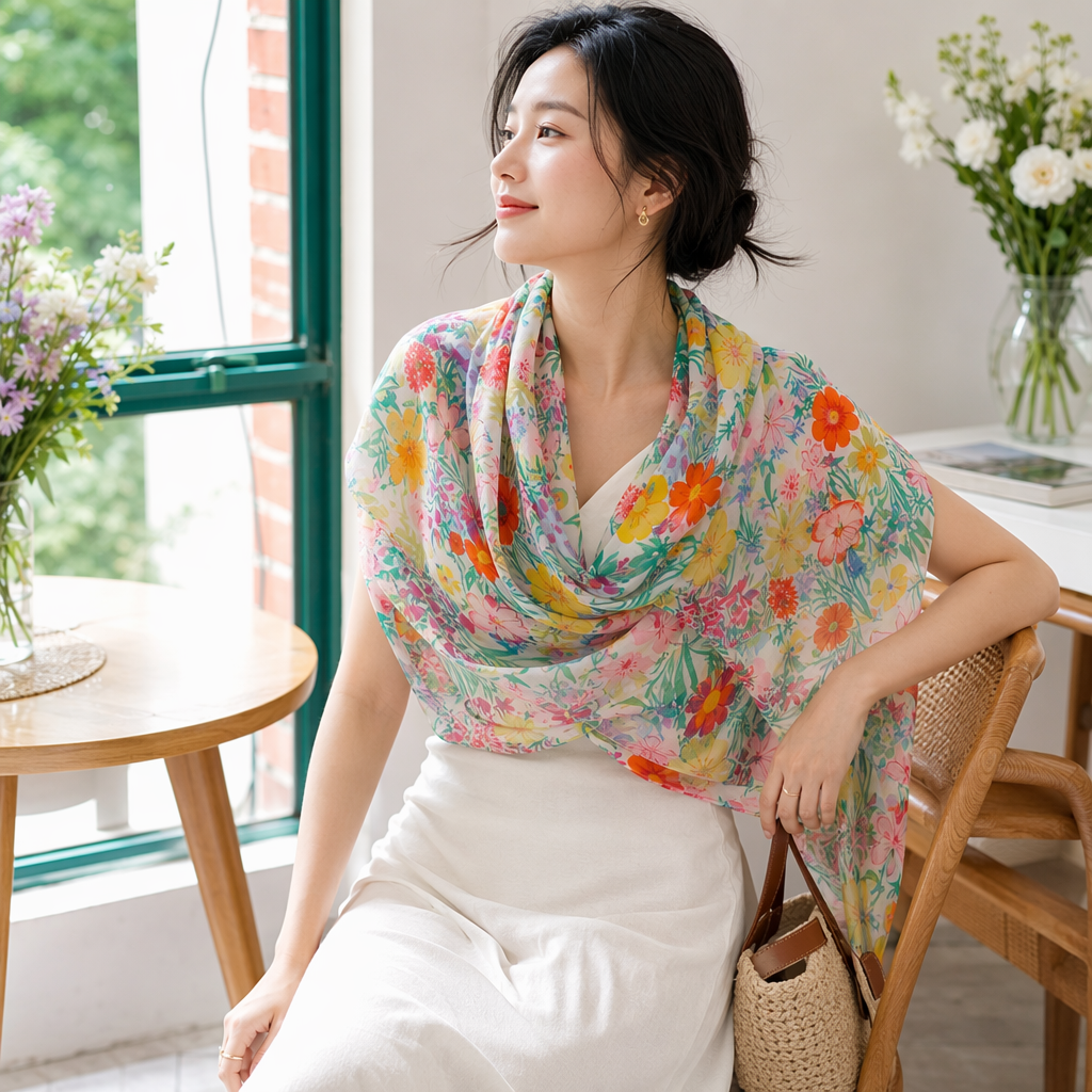 Colorful floral pattern scarves are warm in autumn and winter. Pure cotton scarves are fashionable and versatile for women details Picture