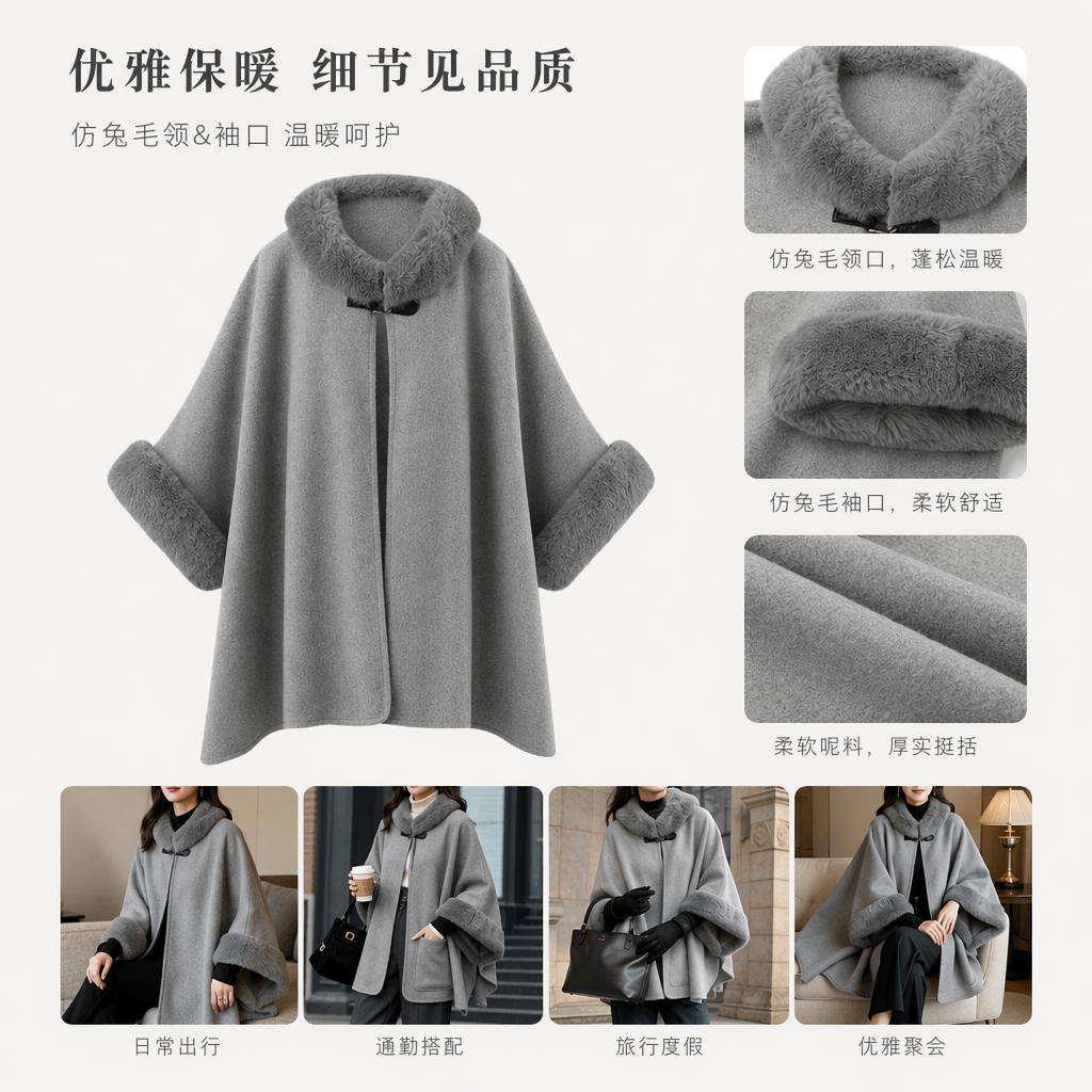 A grey woolen cape coat with a fur collar and fur cuffs for warm ladies in autumn and winter full image
