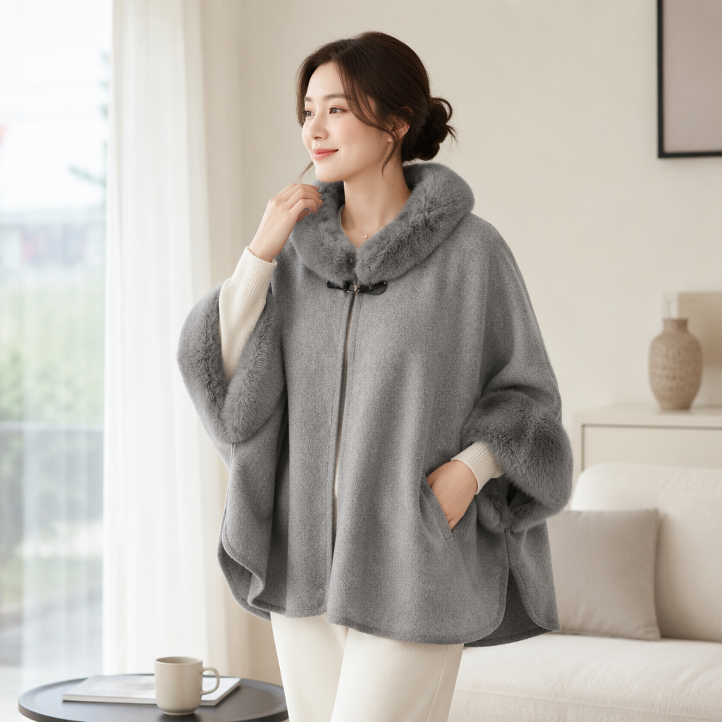 A grey woolen cape coat with a fur collar and fur cuffs for warm ladies in autumn and winter details Picture