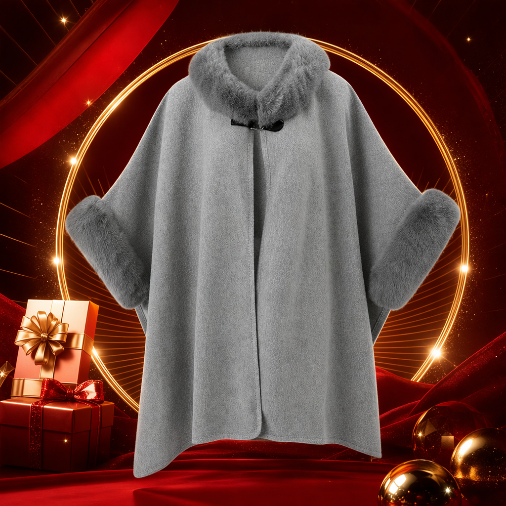 A grey woolen cape coat with a fur collar and fur cuffs for warm ladies in autumn and winter Specification image