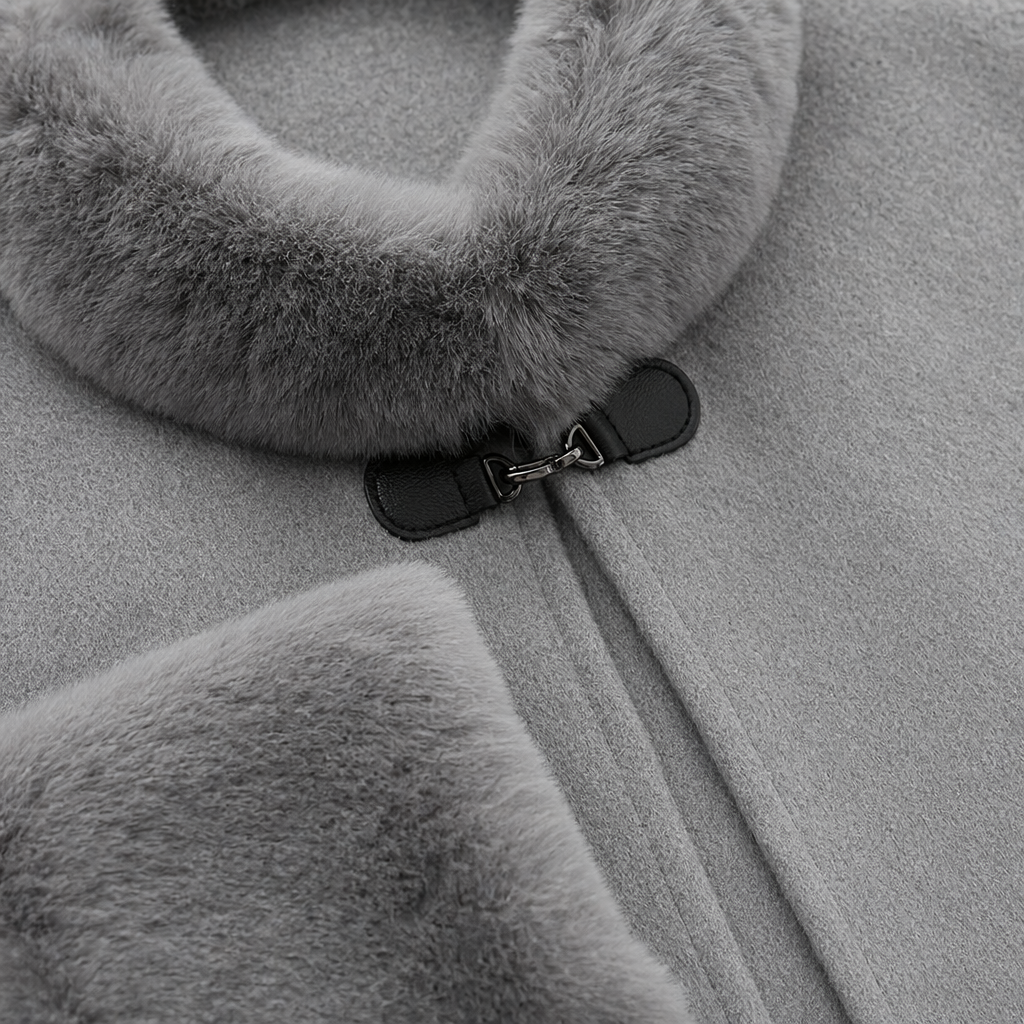 A grey woolen cape coat with a fur collar and fur cuffs for warm ladies in autumn and winter Application Scenario
