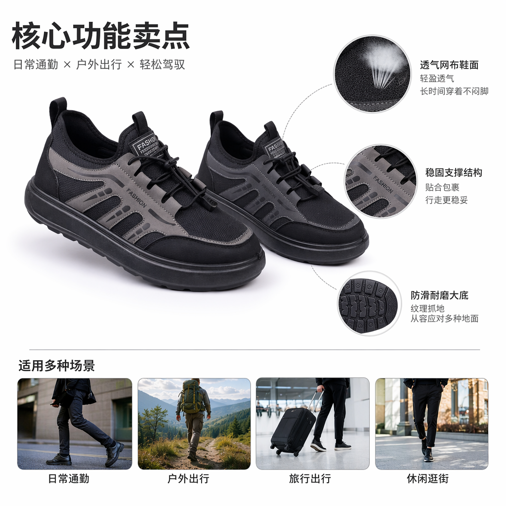 松紧扣免系鞋带 防水皮面 厚底缓震  防滑户外鞋底 pu鞋底