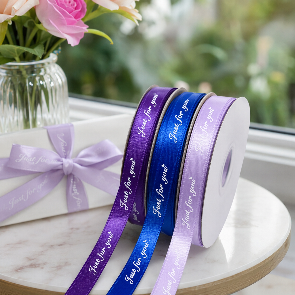 The gift box packaging is decorated with the words "Just for you" in purple, blue and light purple ribbon rolls details Picture