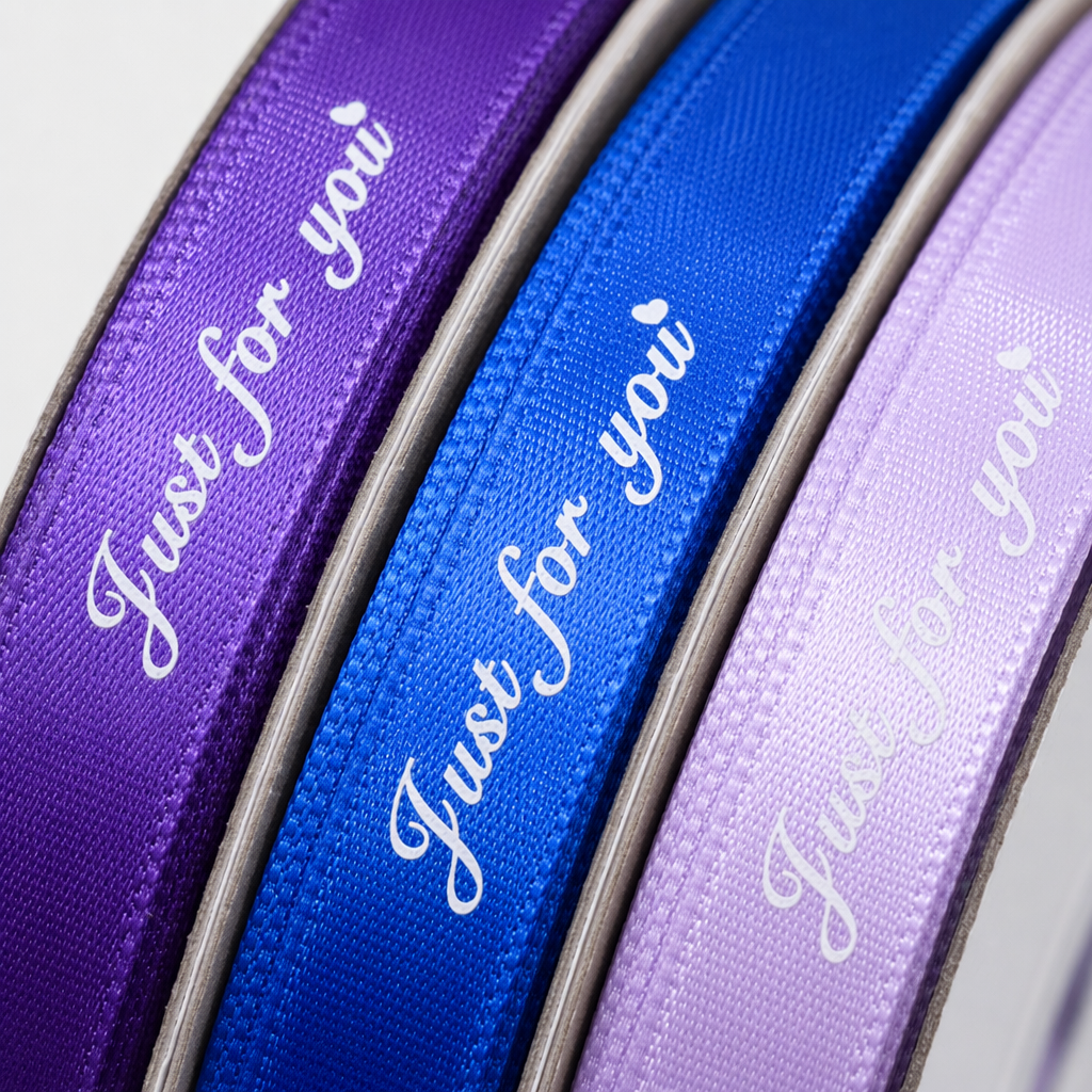 The gift box packaging is decorated with the words "Just for you" in purple, blue and light purple ribbon rolls Application Scenario