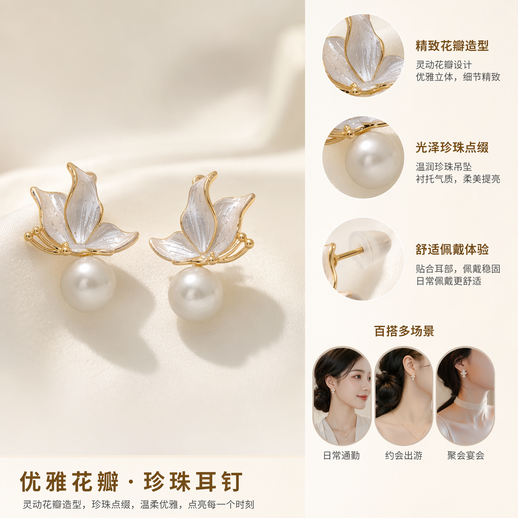 White butterfly pearl stud card earrings