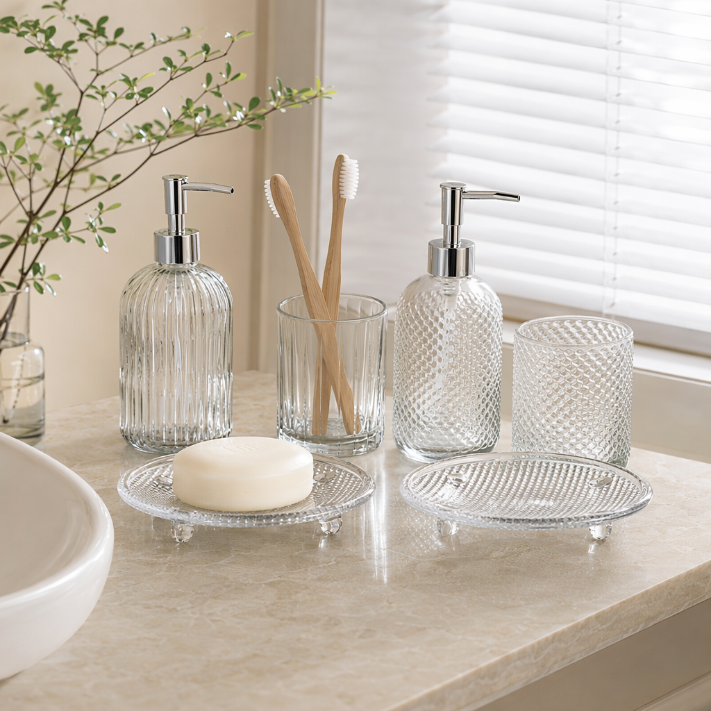 Transparent glass bathroom washbasin three-piece set, bathroom mirror toothbrush cup soap dish set details Picture