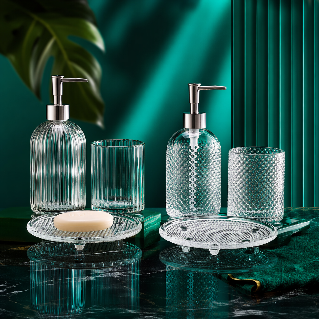 Transparent glass bathroom washbasin three-piece set, bathroom mirror toothbrush cup soap dish set Specification image