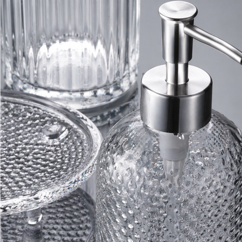 Transparent glass bathroom washbasin three-piece set, bathroom mirror toothbrush cup soap dish set Application Scenario