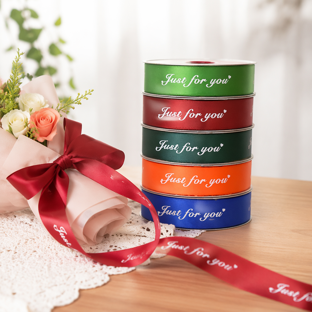 Colorful satin ribbon roll five-color set blue, orange, dark green, red, green Just for you heart print details Picture