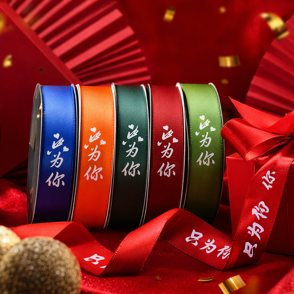 Colorful satin ribbon roll five-color set blue, orange, dark green, red, green Just for you heart print Specification image