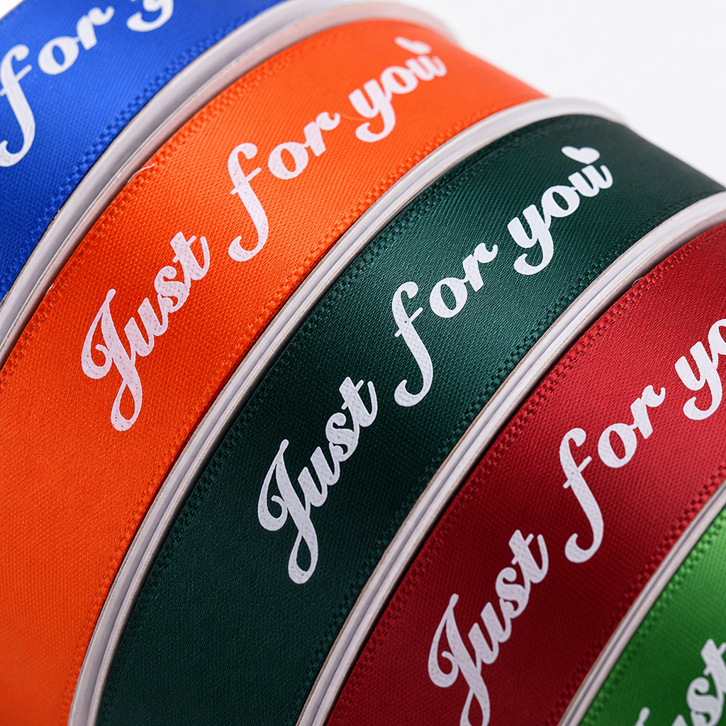Colorful satin ribbon roll five-color set blue, orange, dark green, red, green Just for you heart print Application Scenario