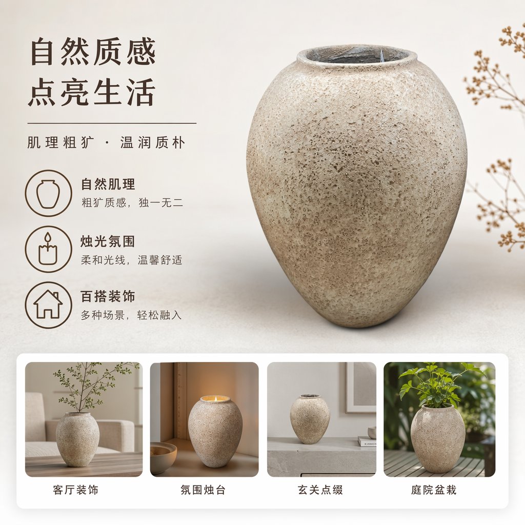 米色斑点手工陶罐 家居装饰摆件 复古风陶瓷花盆