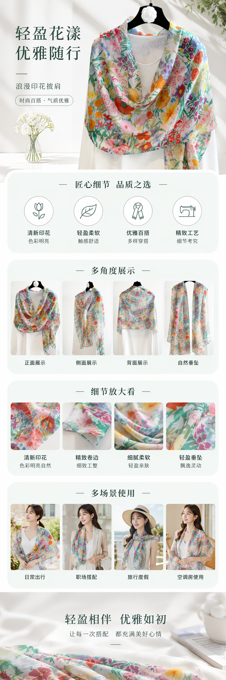 彩色花卉图案围巾轻盈透气真丝混纺四季通用 pic 1