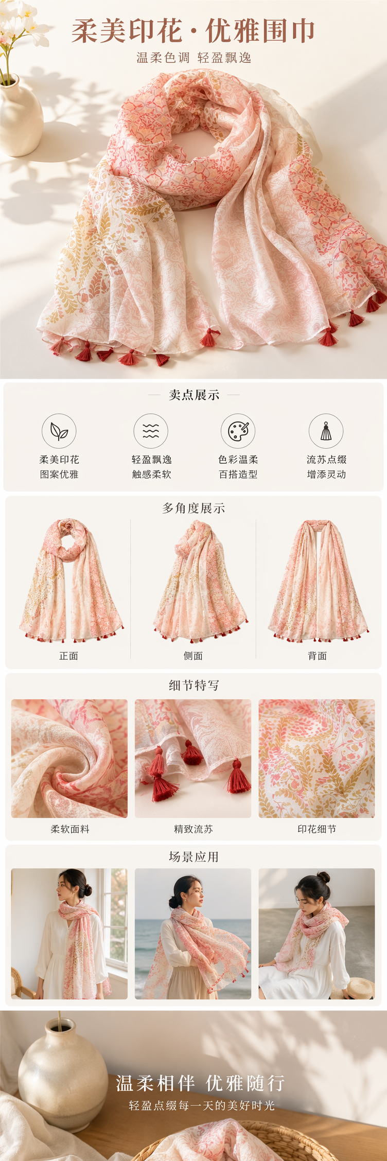 粉色花卉图案围巾纯棉保暖秋冬时尚百搭女士 scarf pic 1