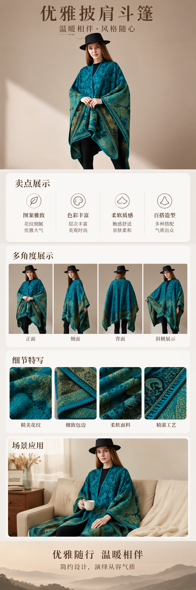 青绿色花纹女士披肩 时尚百搭春夏薄款围巾 pic 1