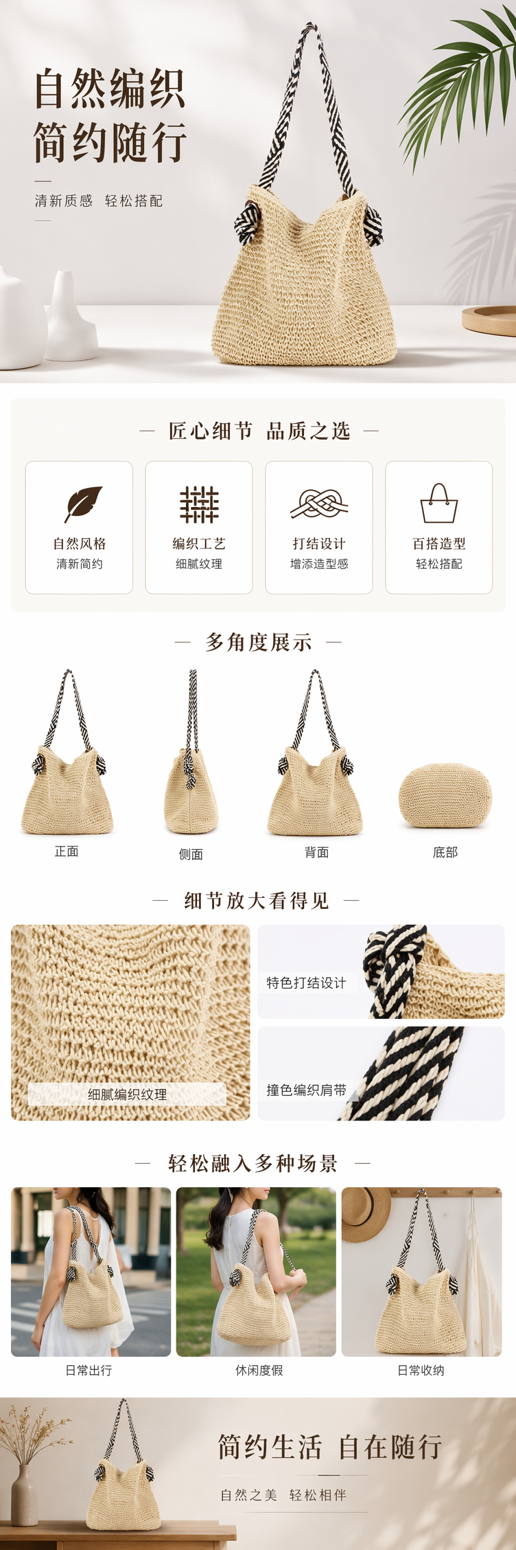 一件代发韩版海军风百搭纸绳编织包打结肩带度假小众单肩包沙滩包 pic 1