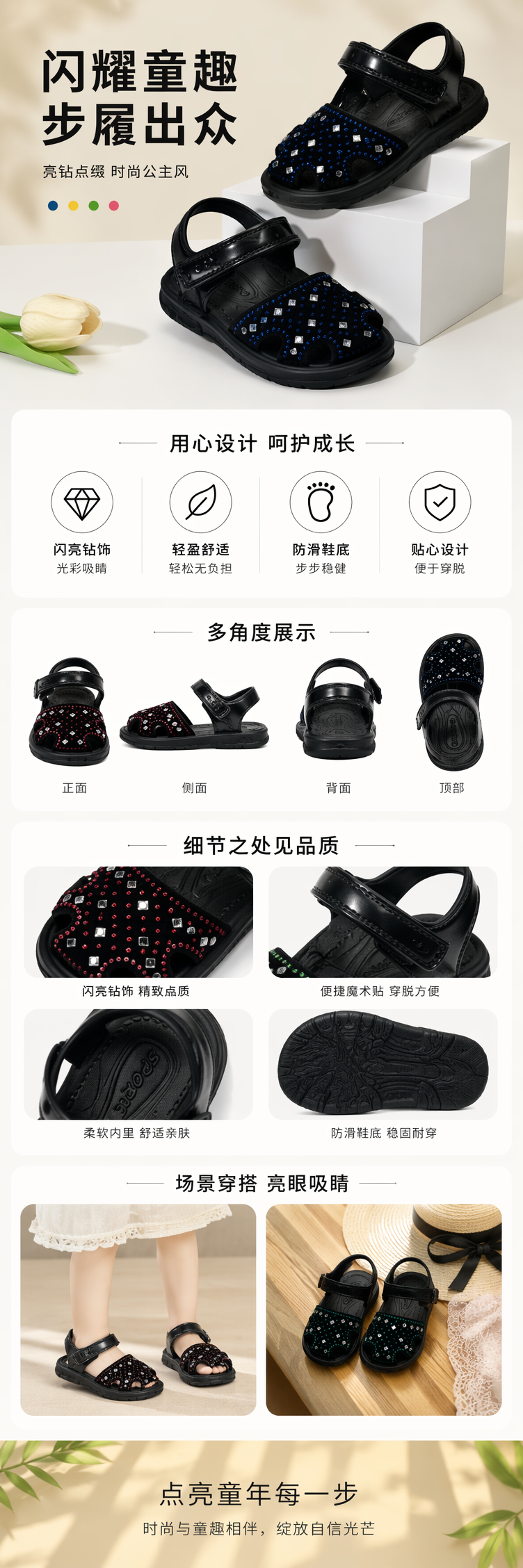黑色镶钻儿童凉鞋女童夏款透气防滑软底详情1