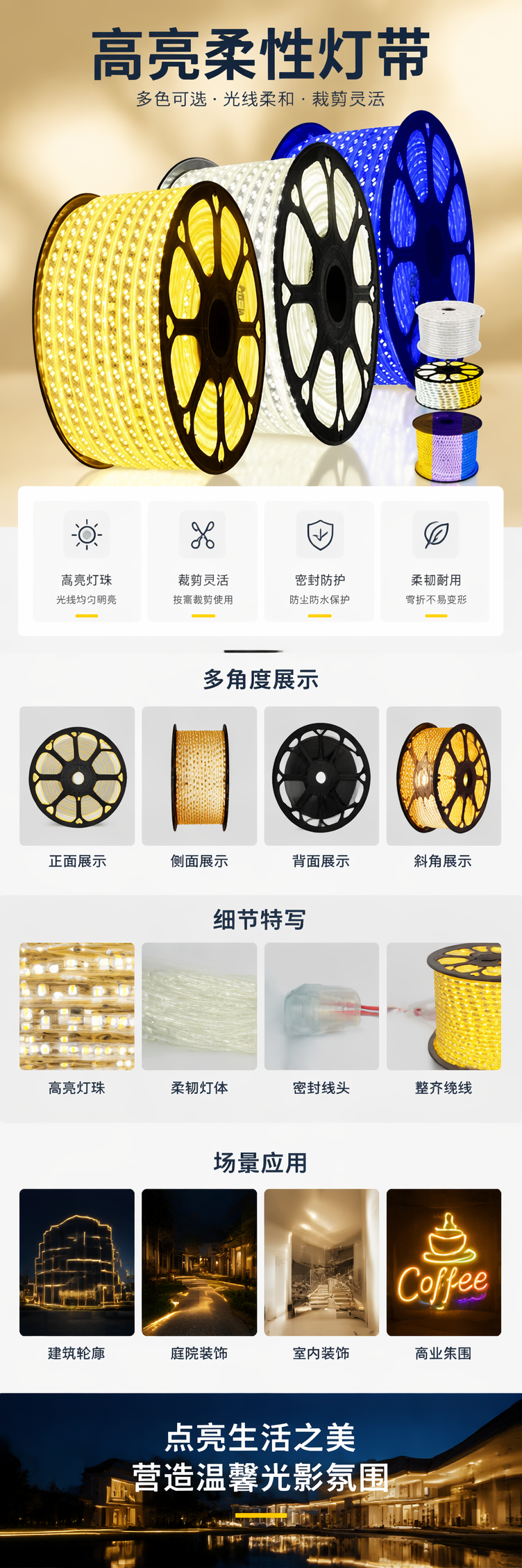 彩色LED灯带卷 柔光防水可剪裁 5米/卷 多色渐变遥控调光 pic 1