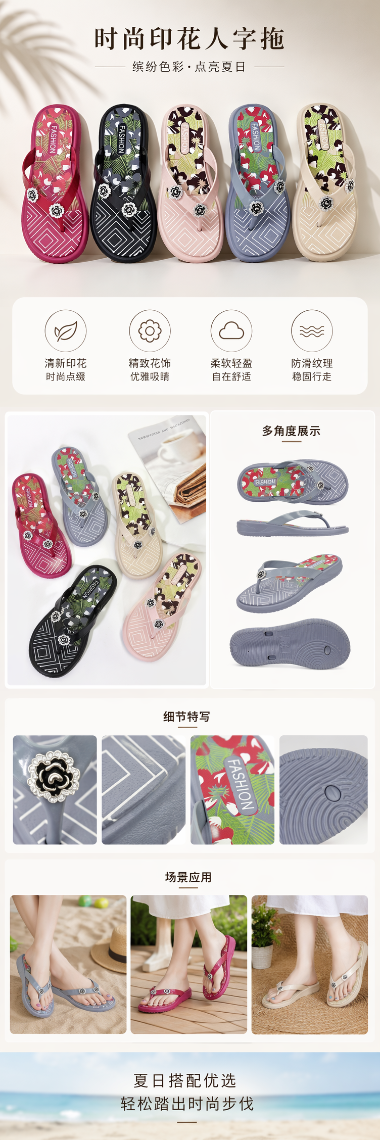 彩色花卉图案人字拖鞋 女款夏款防滑软底休闲凉拖 pic 1