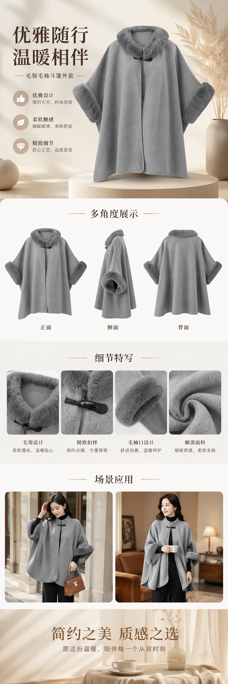 灰色毛呢斗篷外套带毛领毛袖口秋冬保暖女士 pic 1