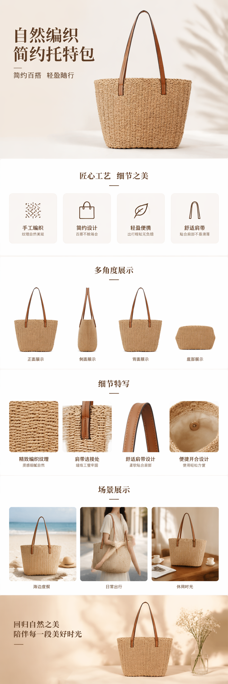 棕色皮质手提带草编包女文艺编织小挎包钩编银线拼接 pic 1