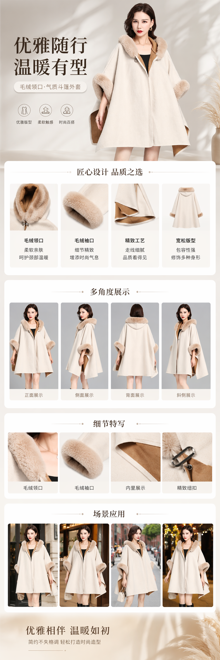 米白色毛领斗篷大衣女秋冬新款加厚保暖外套 pic 1