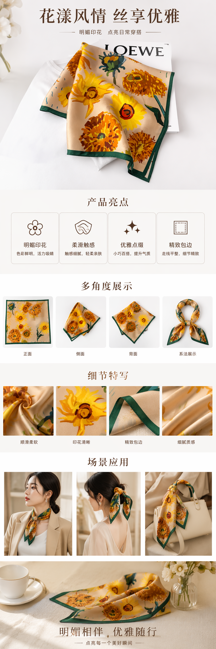 彩色花卉图案真丝丝巾女士春夏薄款围巾 pic 1
