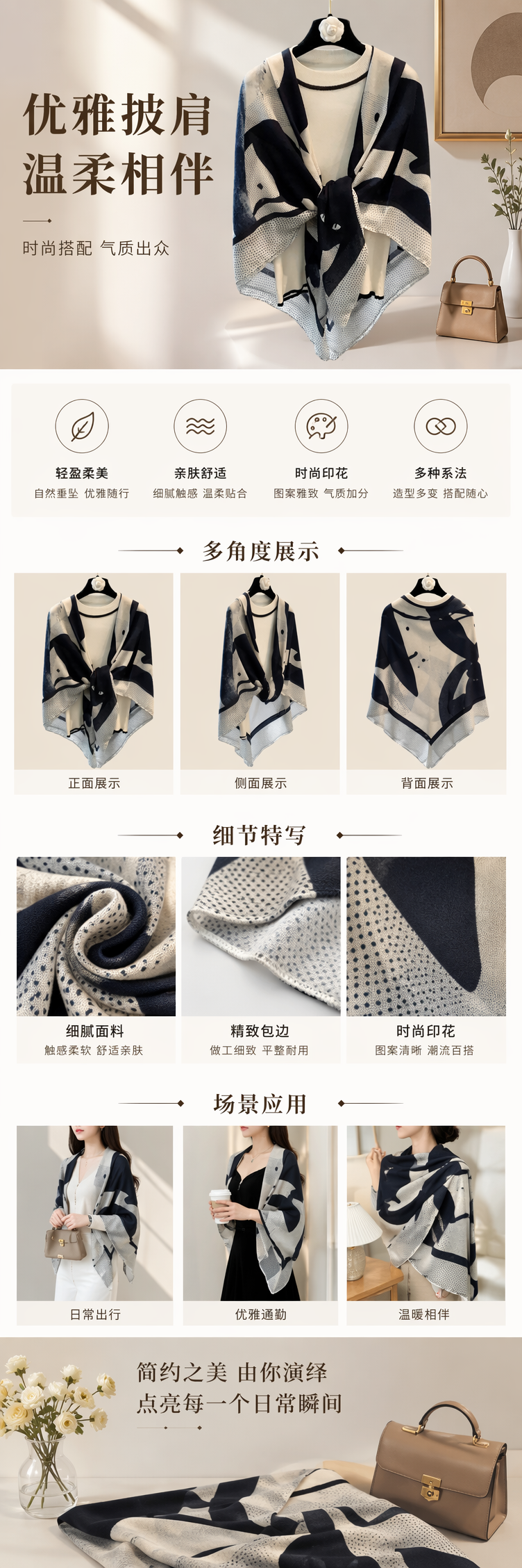 黑白图案披肩搭配米色高领衫秋冬保暖时尚百搭 pic 1