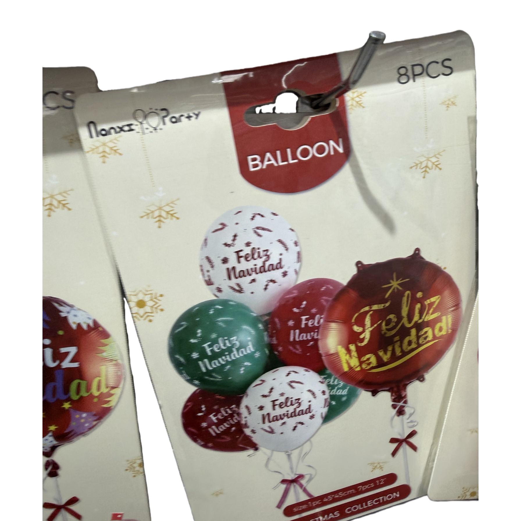 Christmas-themed balloon packaging set printed with the words "Feliz Navidad" in red, green and white Item Picture