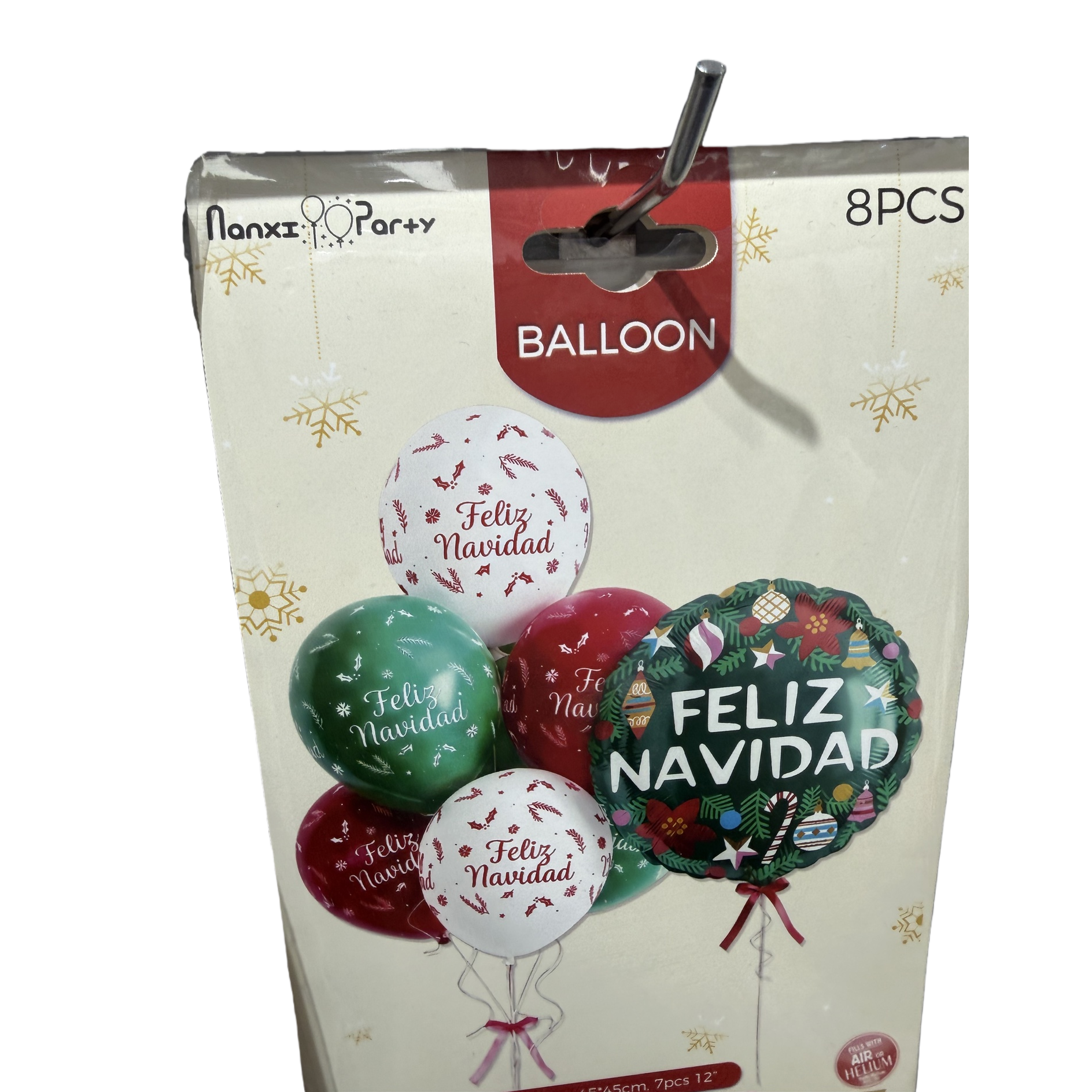 Christmas-themed balloon set in green, red and white with Feliz Navidad holiday patterns Item Picture