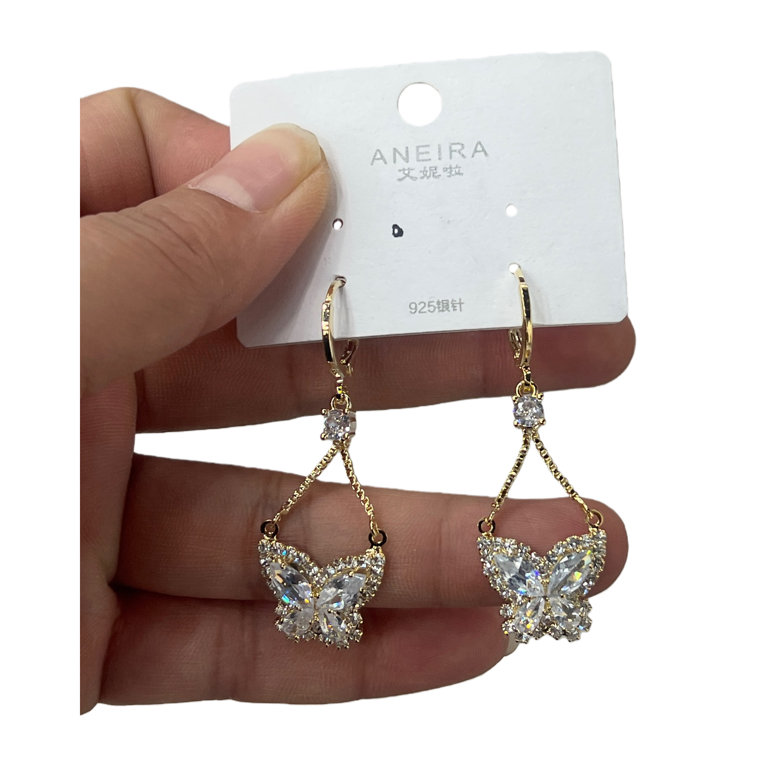 ANEIRA golden butterfly earrings set with transparent crystal suspension chains and 925 silver needles Item Picture