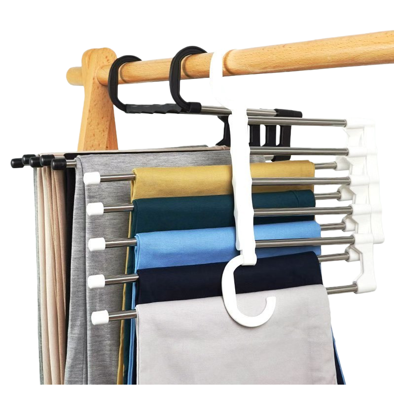 The white multi-layer trouser rack is filled with colorful trousers, making it a perfect home storage and organization tool for wardrobes without holes Item Picture