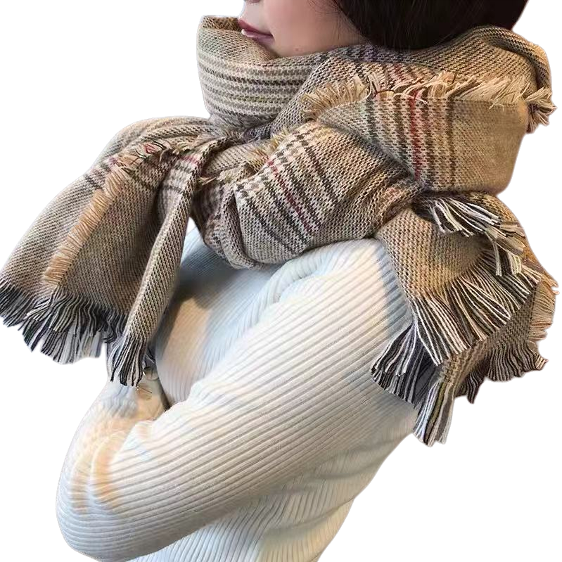 Checkered tassel scarf with figure print, a warm autumn and winter women's scarf Item Picture