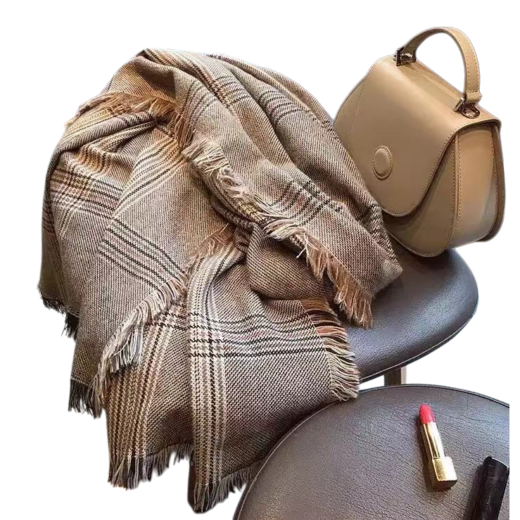 Checkered tassel scarf for warmth in autumn and winter, pure cotton knitted, a versatile and fashionable accessory for women Item Picture