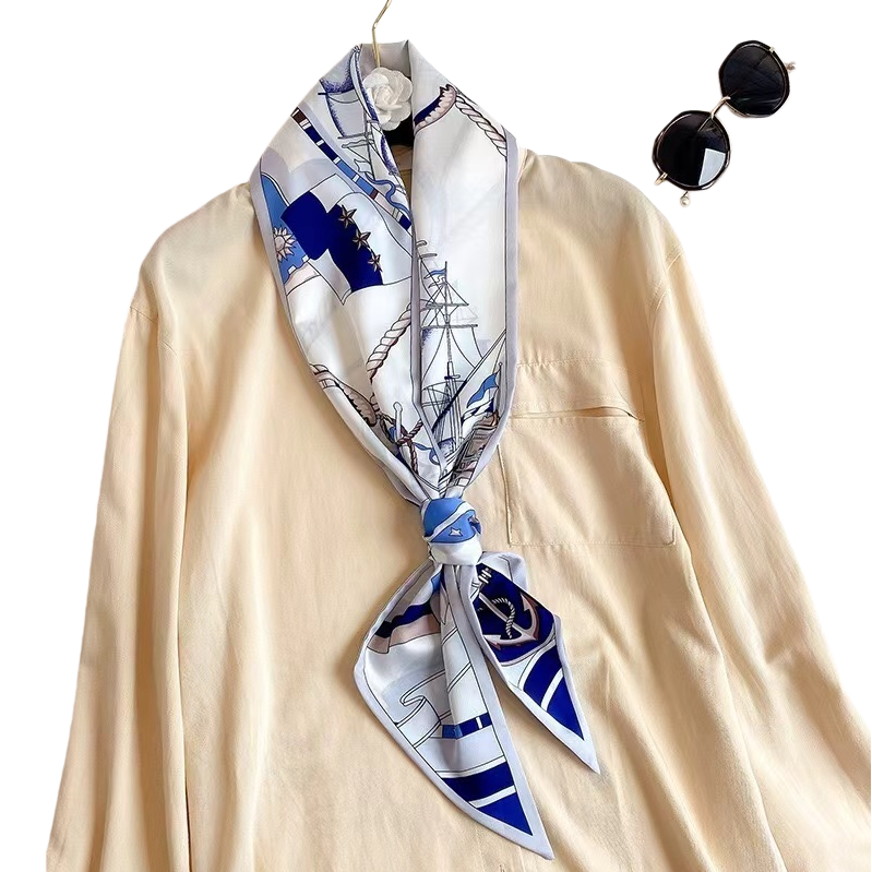 Blue and white nautical pattern silk scarf and beige top neckline matching method Item Picture